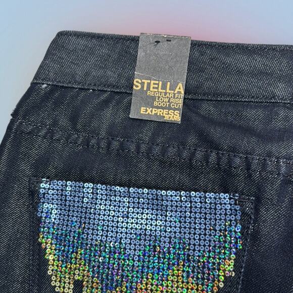 EXPRESS Women’s 12 Long STELLA Sequin Accented Blue Jeans - Picture 4 of 4